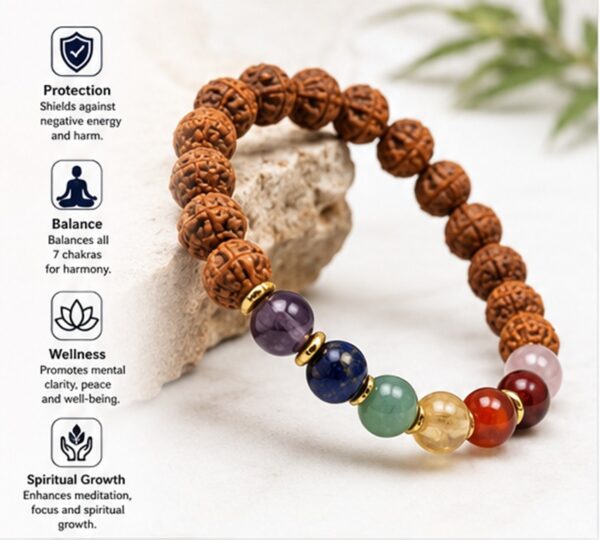 image (84) 7 Chakra Rudraksha Bracelet with Natural Beads & Healing Stones | Seven Chakra Spiritual Bracelet for Men & Women | Meditation & Yoga